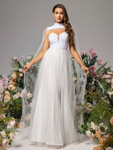 LOVE&LEMONADE White Wedding Dress With Sequin Appliques And Mesh Inserts