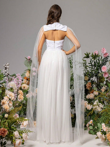 LOVE&LEMONADE White Wedding Dress With Sequin Appliques And Mesh Inserts