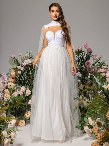 LOVE&LEMONADE White Wedding Dress With Sequin Appliques And Mesh Inserts