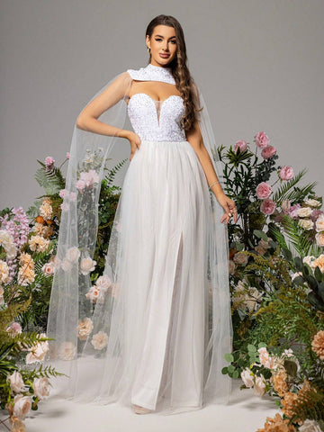 LOVE&LEMONADE White Wedding Dress With Sequin Appliques And Mesh Inserts