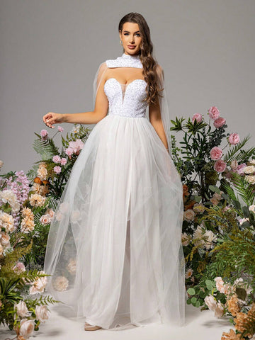 LOVE&LEMONADE White Wedding Dress With Sequin Appliques And Mesh Inserts
