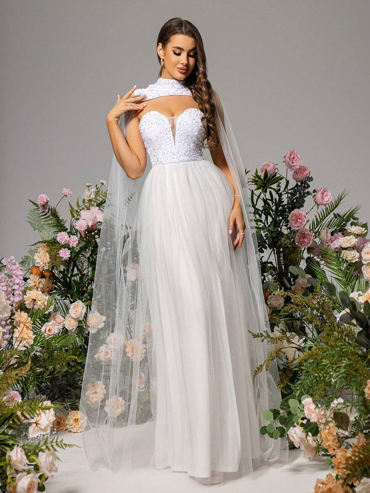 LOVE&LEMONADE White Wedding Dress With Sequin Appliques And Mesh Inserts