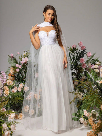 LOVE&LEMONADE White Wedding Dress With Sequin Appliques And Mesh Inserts