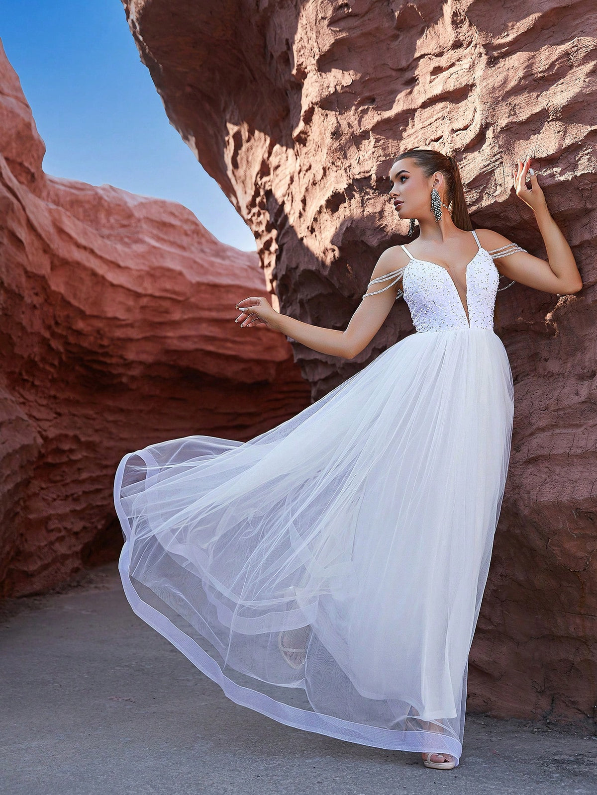 LOVE&LEMONADE White Wedding Dress With Sparkly Tulle Halterneck Top