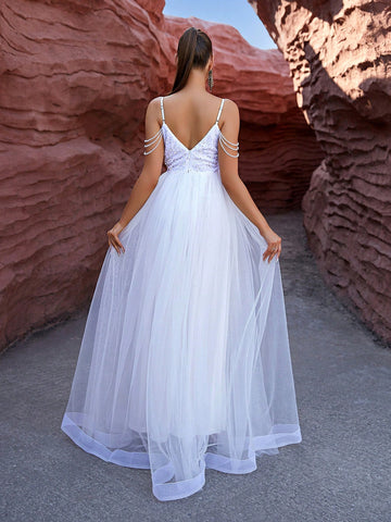 LOVE&LEMONADE White Wedding Dress With Sparkly Tulle Halterneck Top