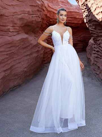 LOVE&LEMONADE White Wedding Dress With Sparkly Tulle Halterneck Top