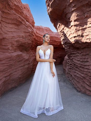 LOVE&LEMONADE White Wedding Dress With Sparkly Tulle Halterneck Top