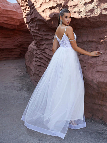 LOVE&LEMONADE White Wedding Dress With Sparkly Tulle Halterneck Top