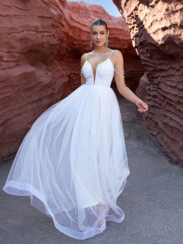 LOVE&LEMONADE White Wedding Dress With Sparkly Tulle Halterneck Top