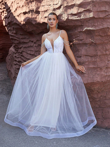 LOVE&LEMONADE White Wedding Dress With Sparkly Tulle Halterneck Top