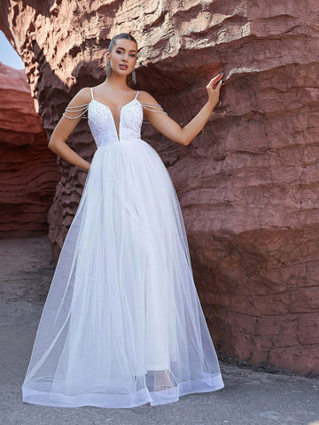 LOVE&LEMONADE White Wedding Dress With Sparkly Tulle Halterneck Top