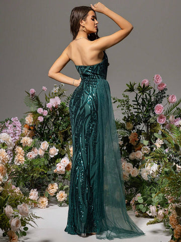 LOVE&LEMONADE Women Green Glitter Mesh Ribbon Strapless High Slit Evening Formal Dress