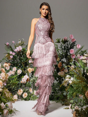 LOVE&LEMONADE Women Off-Shoulder Fringed Hanging Neck Dress