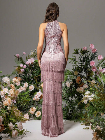 LOVE&LEMONADE Women Off-Shoulder Fringed Hanging Neck Dress