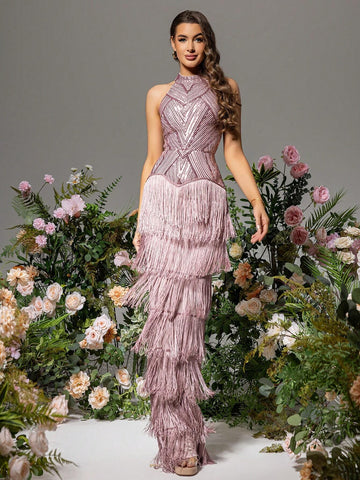 LOVE&LEMONADE Women Off-Shoulder Fringed Hanging Neck Dress