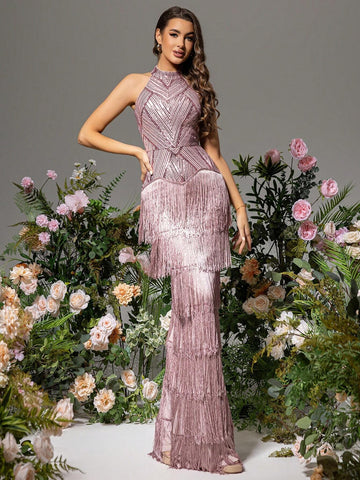 LOVE&LEMONADE Women Off-Shoulder Fringed Hanging Neck Dress