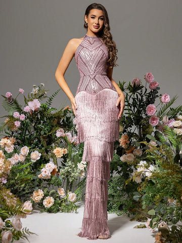 LOVE&LEMONADE Women Off-Shoulder Fringed Hanging Neck Dress