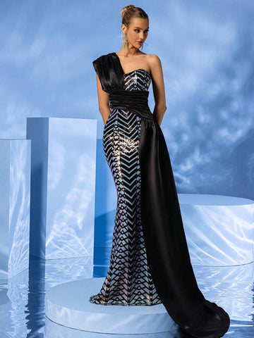 LOVE&LEMONADE Women One-Shoulder Draped Geometric Sequin Mermaid Hem Long Evening Dress