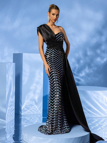 LOVE&LEMONADE Women One-Shoulder Draped Geometric Sequin Mermaid Hem Long Evening Dress