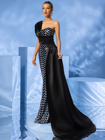 LOVE&LEMONADE Women One-Shoulder Draped Geometric Sequin Mermaid Hem Long Evening Dress
