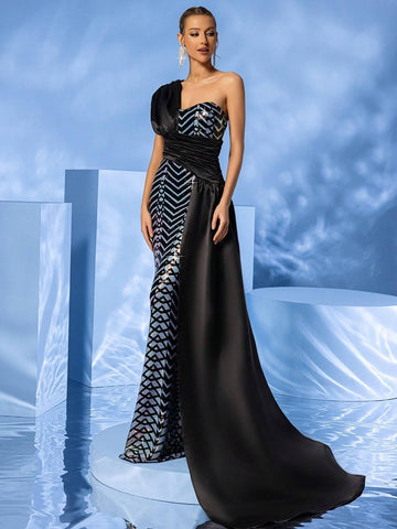 LOVE&LEMONADE Women One-Shoulder Draped Geometric Sequin Mermaid Hem Long Evening Dress