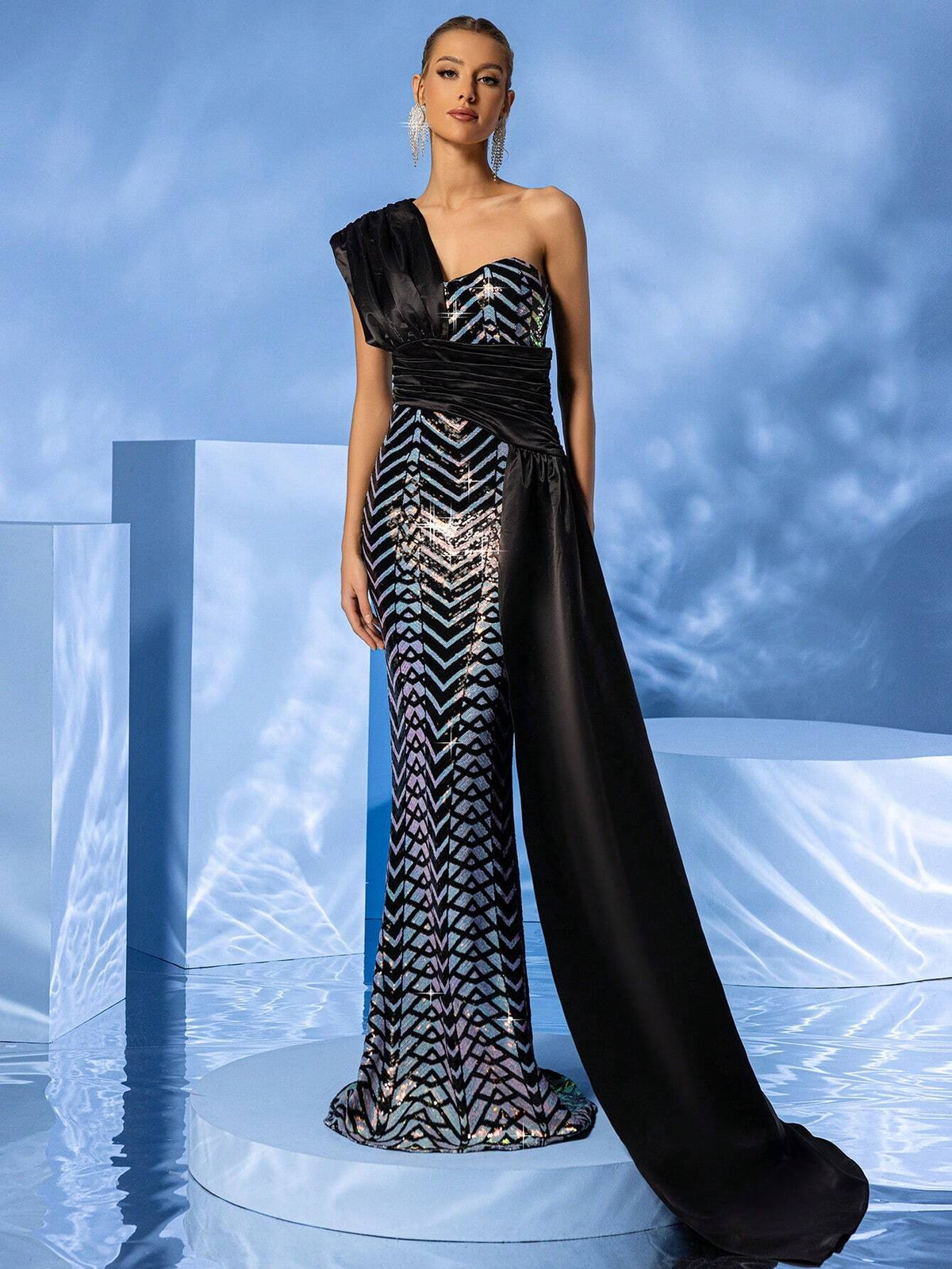 LOVE&LEMONADE Women One-Shoulder Draped Geometric Sequin Mermaid Hem Long Evening Dress