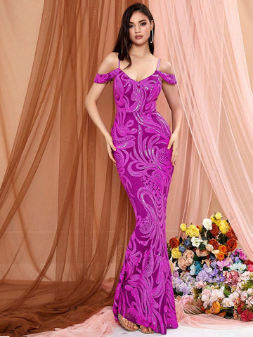 LOVE&LEMONADE Women's Cold Shoulder Pink Bodycon Party Dress With Sequin Embellishments