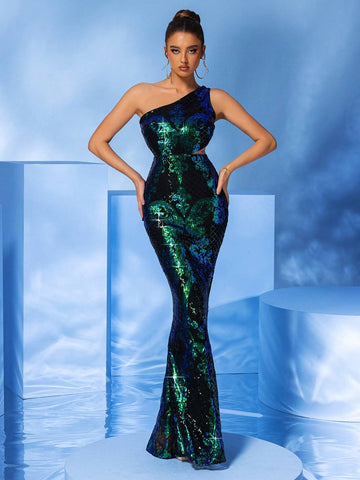 LOVE&LEMONADE Women's One Shoulder Green Sequin Slim-Fit Party Dress
