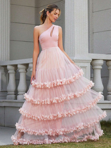 LOVE&LEMONADE Women's One Shoulder Hollow Out Pink Sleeveless Dress With Multi-Layered Mesh And 3d Flower Decoration For Evening Party