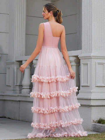 LOVE&LEMONADE Women's One Shoulder Hollow Out Pink Sleeveless Dress With Multi-Layered Mesh And 3d Flower Decoration For Evening Party