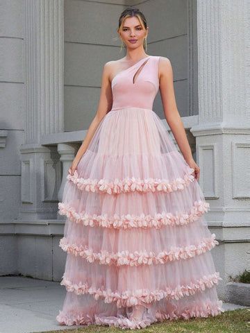 LOVE&LEMONADE Women's One Shoulder Hollow Out Pink Sleeveless Dress With Multi-Layered Mesh And 3d Flower Decoration For Evening Party