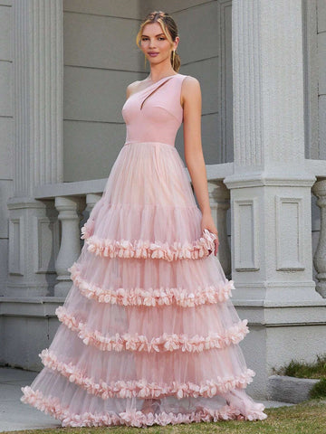 LOVE&LEMONADE Women's One Shoulder Hollow Out Pink Sleeveless Dress With Multi-Layered Mesh And 3d Flower Decoration For Evening Party