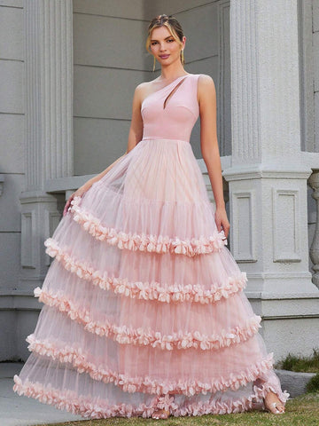 LOVE&LEMONADE Women's One Shoulder Hollow Out Pink Sleeveless Dress With Multi-Layered Mesh And 3d Flower Decoration For Evening Party