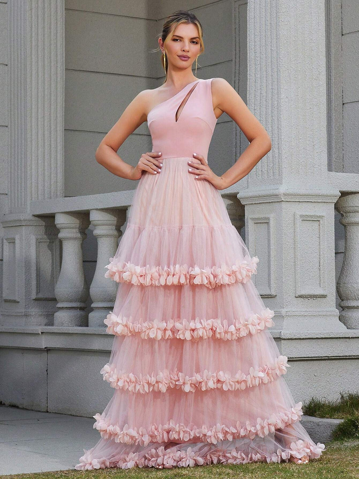 LOVE&LEMONADE Women's One Shoulder Hollow Out Pink Sleeveless Dress With Multi-Layered Mesh And 3d Flower Decoration For Evening Party