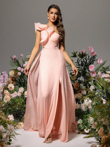 LOVE&LEMONADE Women's One Shoulder Pink Splicing Dress With Exaggerated Ruffled Hem And High Slit