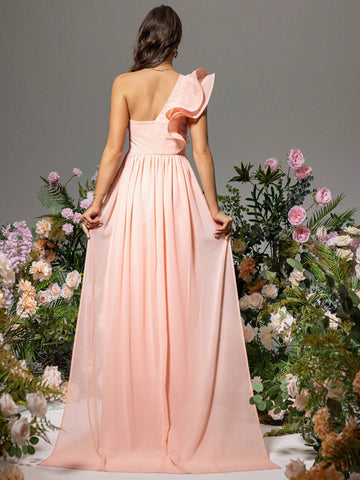 LOVE&LEMONADE Women's One Shoulder Pink Splicing Dress With Exaggerated Ruffled Hem And High Slit