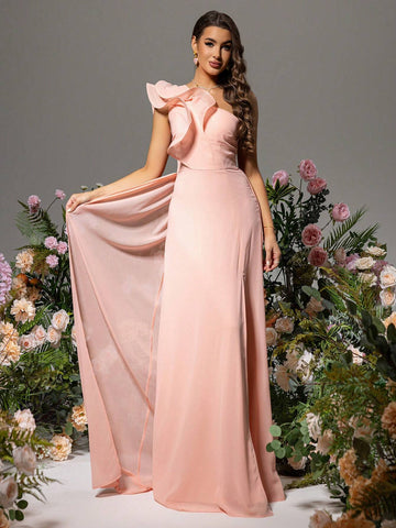 LOVE&LEMONADE Women's One Shoulder Pink Splicing Dress With Exaggerated Ruffled Hem And High Slit