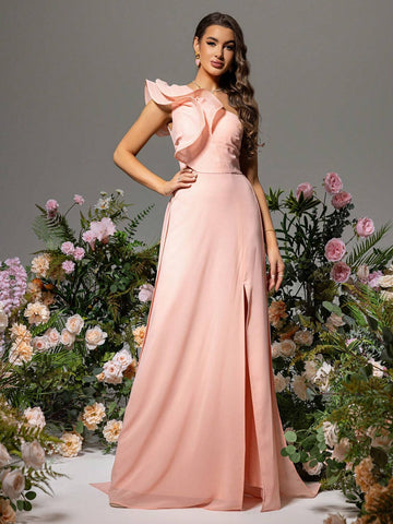 LOVE&LEMONADE Women's One Shoulder Pink Splicing Dress With Exaggerated Ruffled Hem And High Slit