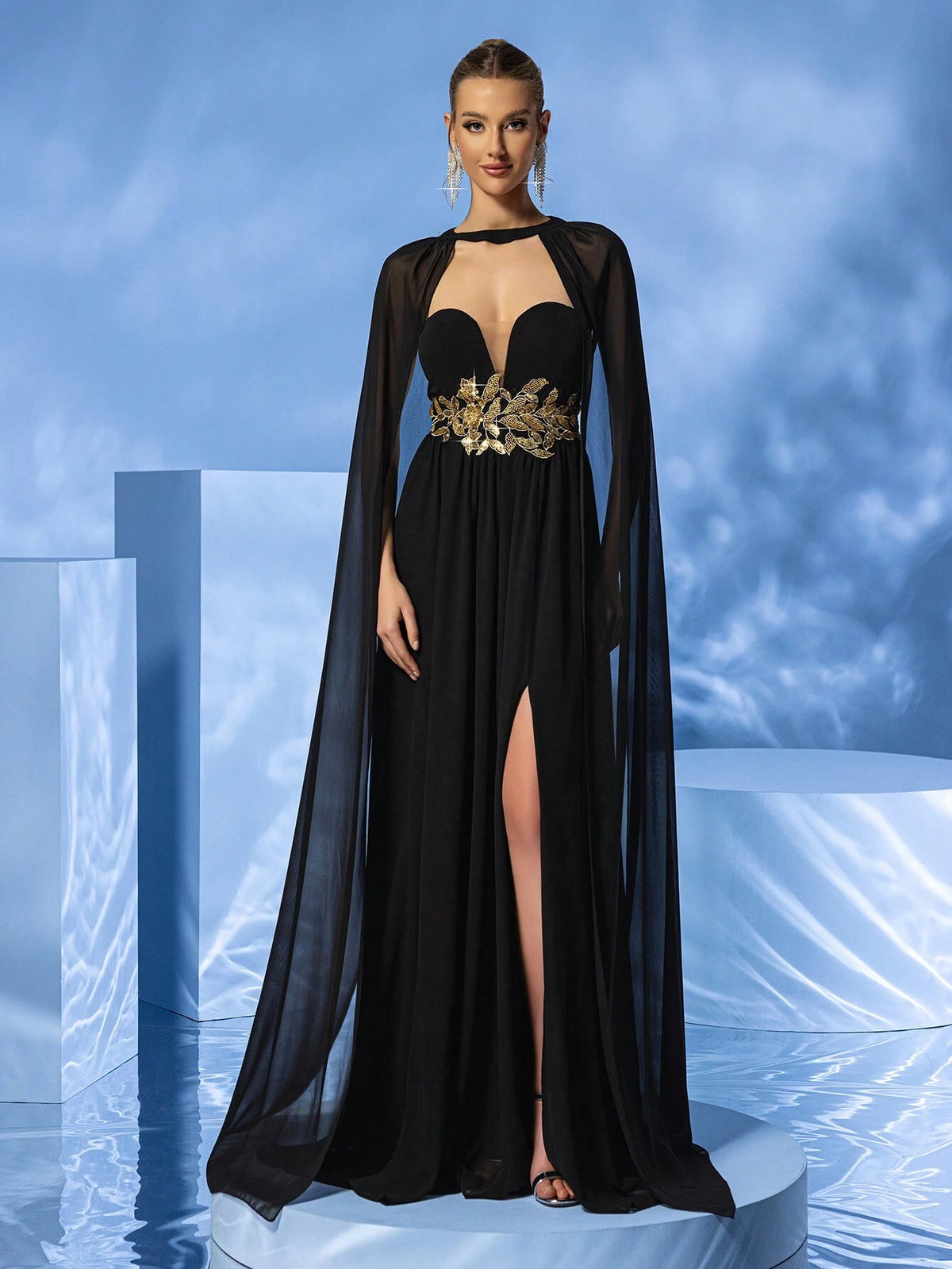 LOVE&LEMONADE Women's Sheer Cape Sleeve Strapless Dress With Embroidery And High Slit, Perfect For Formal Events