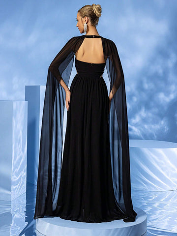 LOVE&LEMONADE Women's Sheer Cape Sleeve Strapless Dress With Embroidery And High Slit, Perfect For Formal Events