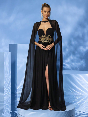 LOVE&LEMONADE Women's Sheer Cape Sleeve Strapless Dress With Embroidery And High Slit, Perfect For Formal Events