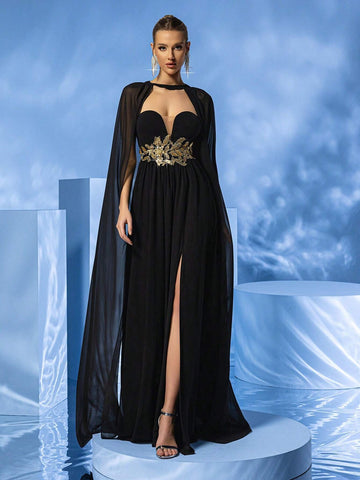 LOVE&LEMONADE Women's Sheer Cape Sleeve Strapless Dress With Embroidery And High Slit, Perfect For Formal Events