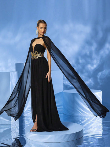 LOVE&LEMONADE Women's Sheer Cape Sleeve Strapless Dress With Embroidery And High Slit, Perfect For Formal Events