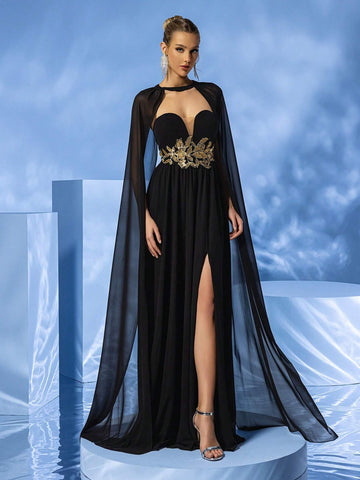 LOVE&LEMONADE Women's Sheer Cape Sleeve Strapless Dress With Embroidery And High Slit, Perfect For Formal Events