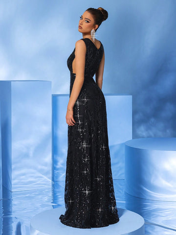 LOVE&LEMONADE Women's Sleeveless Sequined Black Evening Dress