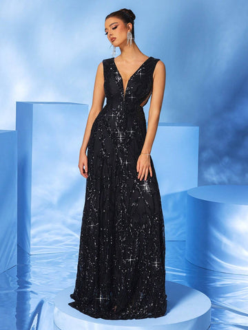 LOVE&LEMONADE Women's Sleeveless Sequined Black Evening Dress