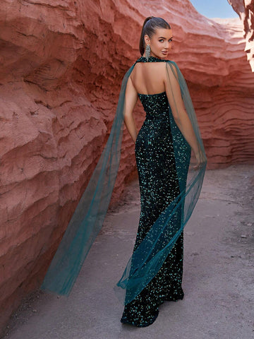 LOVE&LEMONADE Women's Strapless Mesh Ribbon & Sequin Decorated Mermaid Gown With High Slit Ideal For Evening Party