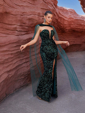 LOVE&LEMONADE Women's Strapless Mesh Ribbon & Sequin Decorated Mermaid Gown With High Slit Ideal For Evening Party