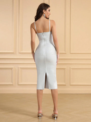 LOVE AING Women's Minimalist Spaghetti Strap Gold Silver Metallic Sexy Club Party Dress With Slit