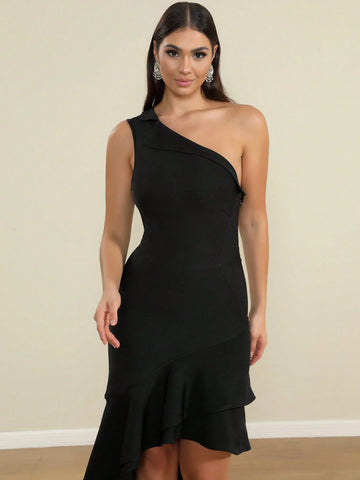 LOVE Aing Women's Asymmetric Mermaid Hem Asymmetrical Lapel Bodycon Formal Cocktail Party Elegant Celebrity Bandage Dress